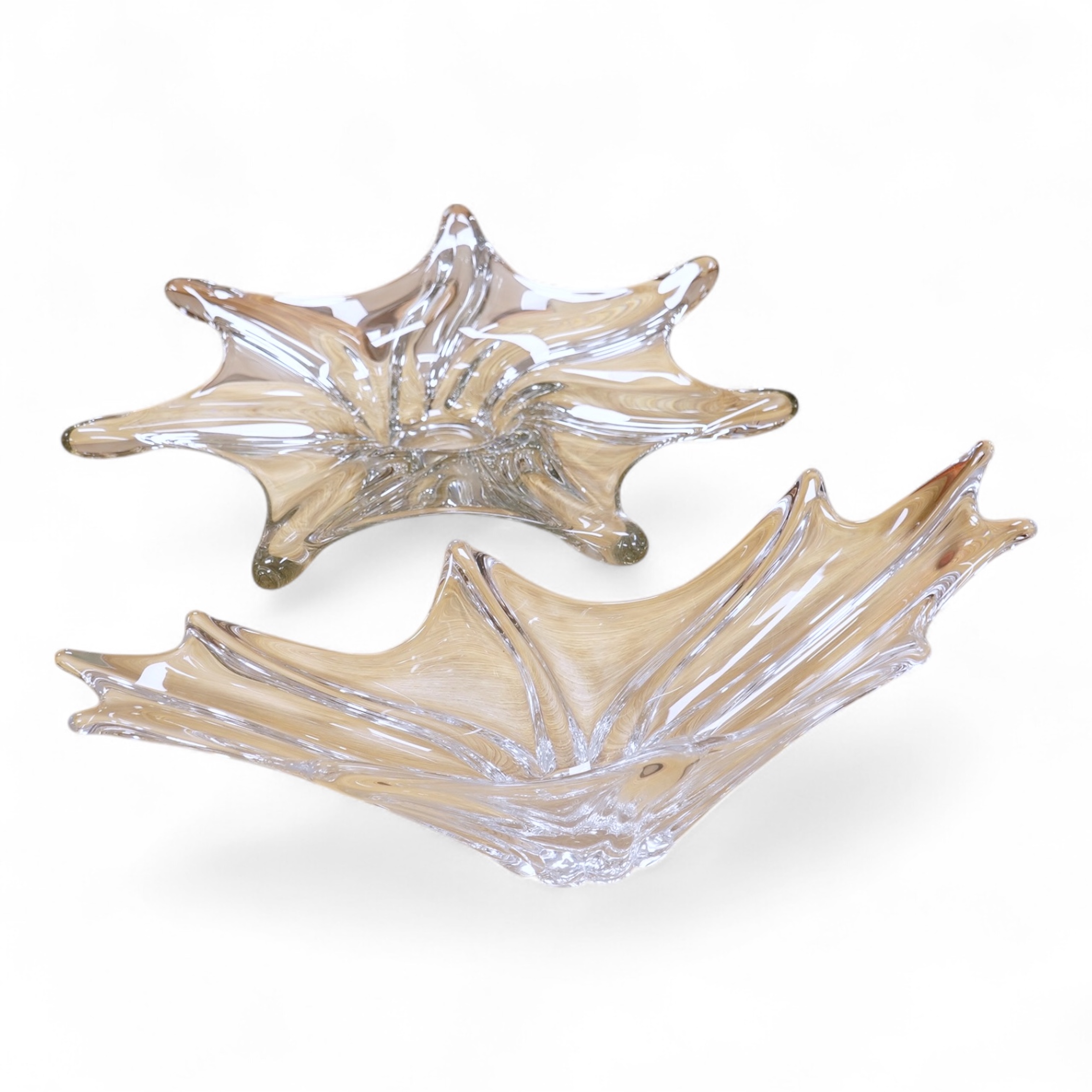 A 1950’s- 60’s Daum signed Crystal Starfish glass dish, together with a similar signed Daum Chrystal Splash bowl. Splash bowl 49cm wide. Condition - both good